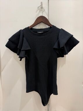 Express Black Ribbed Ruffle Sleeve Bodysuit SZ XS